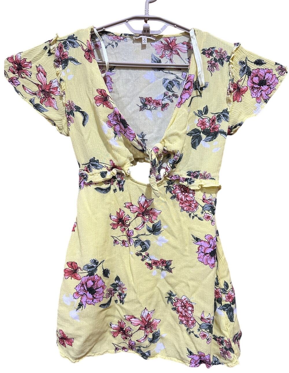 Bleuh Ciel Dress Women Size M Yellow Pink Floral Cutout Flowy Mini Coquette
